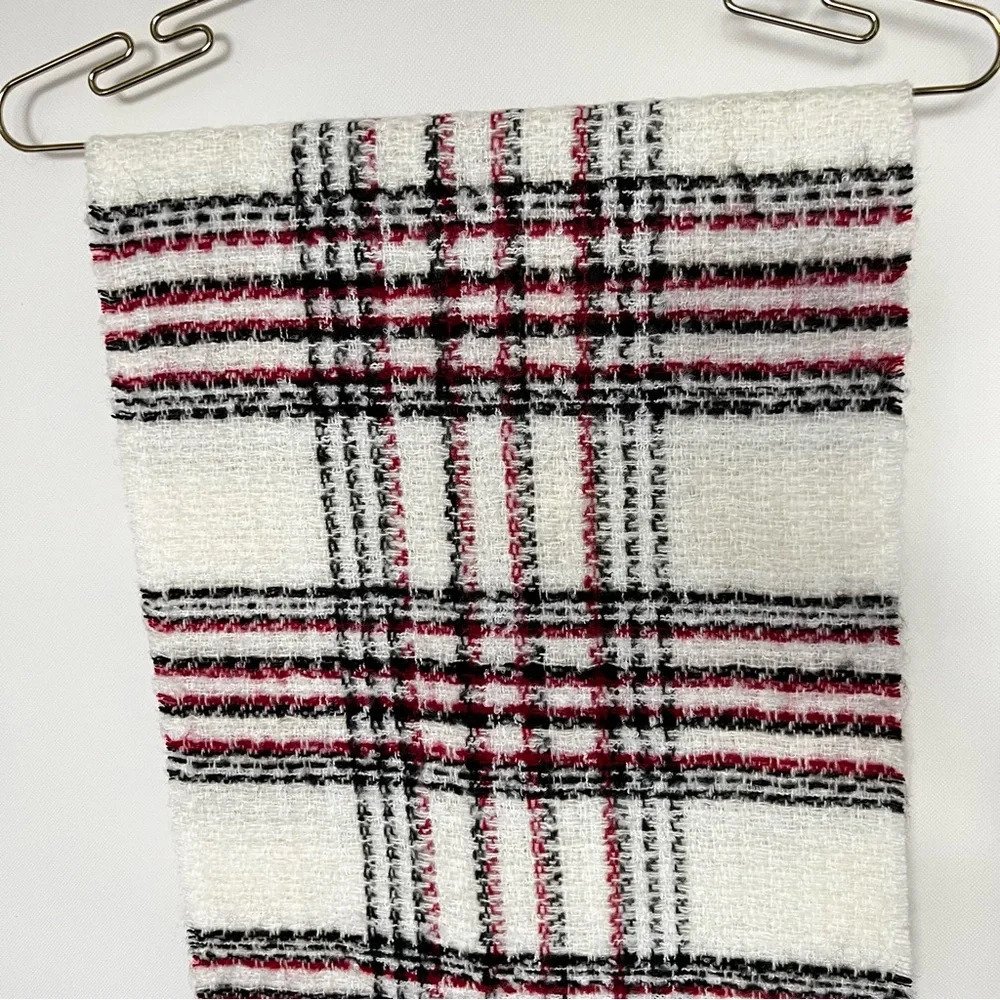Chico's Scarf Red Cream Black Plaid Acrylic Metallic Oblong Comfy Soft - Picture 2 of 5